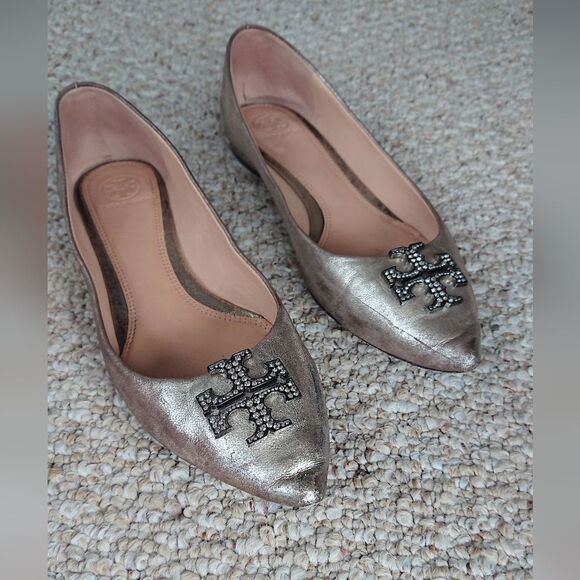 Tory Burch Metallic Leather Crystal Embellishments Ballet Flats size 9M - Picture 3 of 12